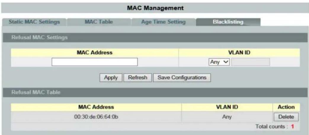 MAC Management Static MAC Settings MAC Table Age Time Setting Blacklisting Refusal MAC Settings MAC Address VLAN ID Any Apply Refresh Save Configurations Refusal MAC Table MAC Address VLAN ID Action 00:30:de:06:64:0b Any Delete Total counts : 1