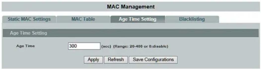 MAC Management Static MAC Settings MAC Table Age Time Setting Blacklisting Age Time Setting Age Time 300 (sec) (Range: 20-400 or 0:disable) Apply Refresh Save Configurations