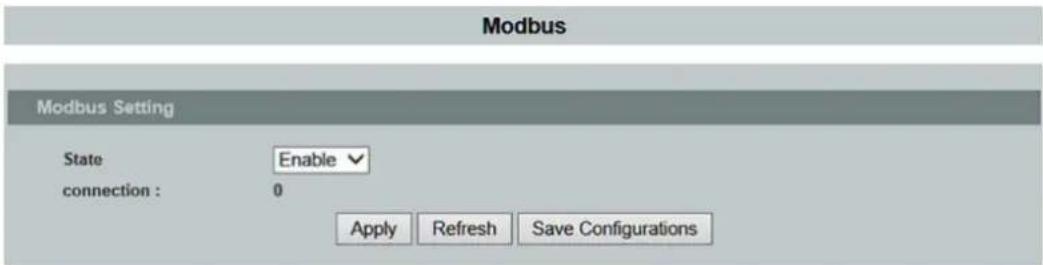 Modbus Modbus Setting State Enable connection : 0 Apply Refresh Save Configurations