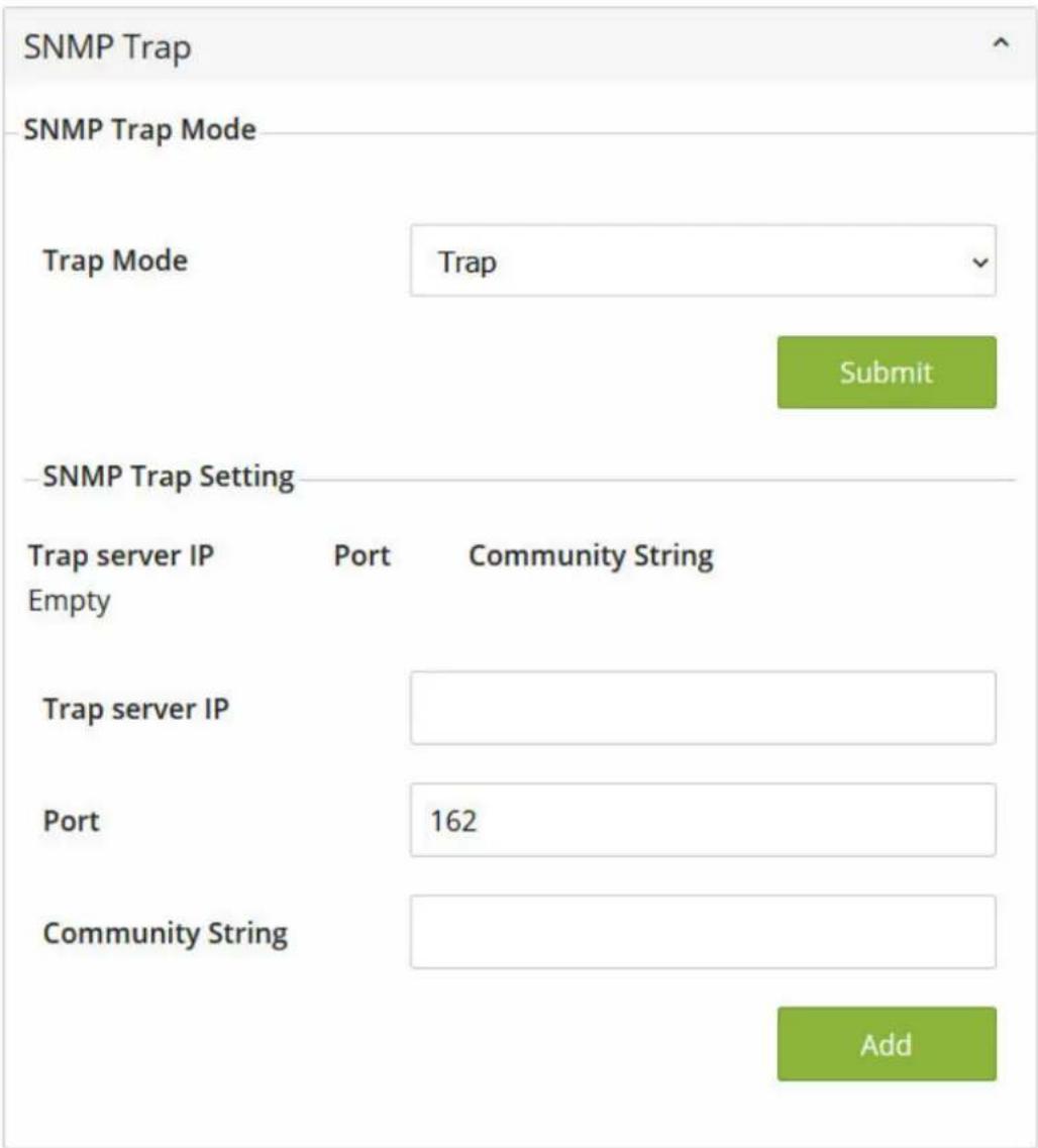 SNMP Trap SNMP Trap Mode Trap Mode Trap Submit SNMP Trap Setting Trap server IP Port Community String Empty Trap server IP Port 162 Community String Add