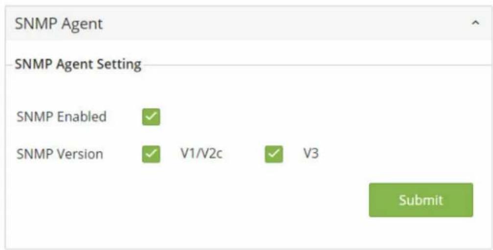 SNMP Agent SNMP Agent Setting SNMP Enabled ✓ SNMP Version ✓ V1/V2c ✓ V3 Submit