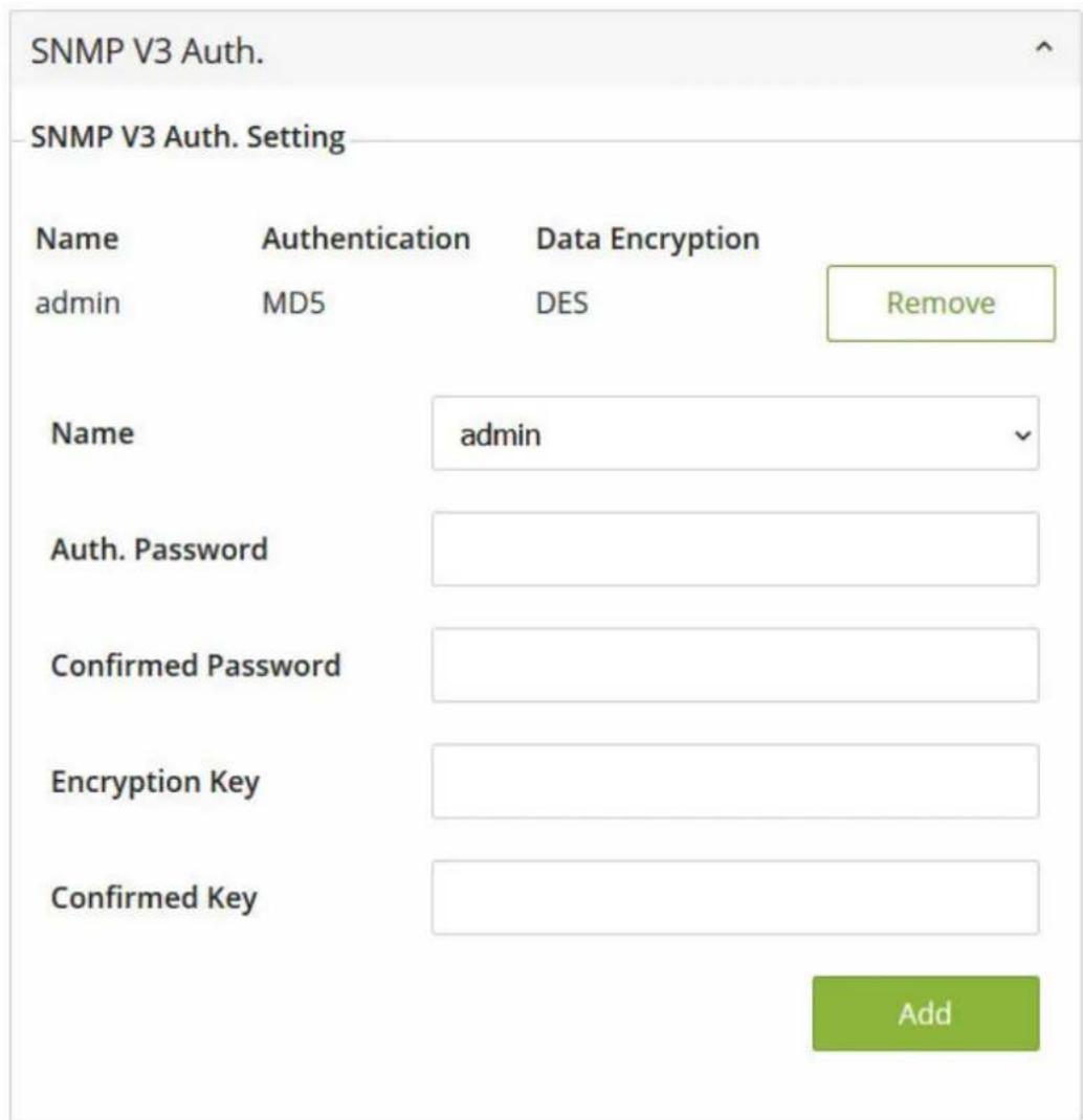 SNMP V3 Auth. SNMP V3 Auth. Setting Name Authentication Data Encryption admin MD5 DES Remove Name admin Auth. Password Confirmed Password Encryption Key Confirmed Key Add