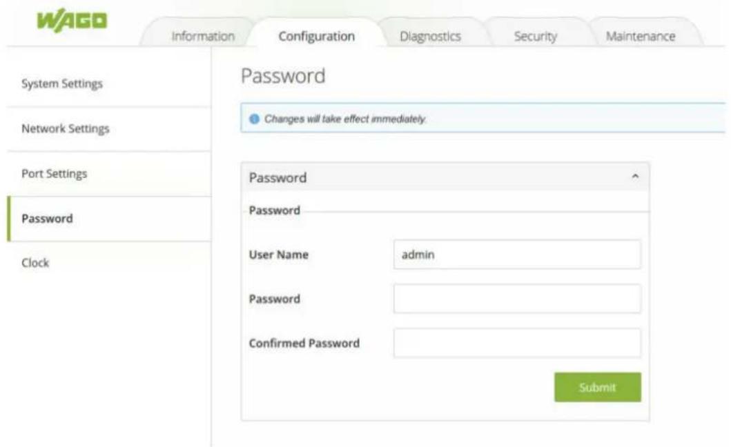 WAGO Information Configuration Diagnostics Security Maintenance System Settings Password Network Settings Changes will take effect immediately. Port Settings Password Clock Password Password User Name admin Password Confirmed Password Submit