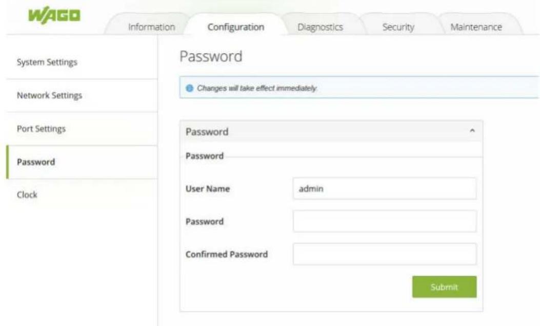 WAGO Information Configuration Diagnostics Security Maintenance System Settings Password Network Settings Changes will take effect immediately Port Settings Password Clock Password Password User Name admin Password Confirmed Password Submit
