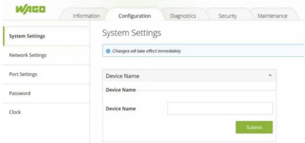 WAGO Information Configuration Diagnostics Security Maintenance System Settings Network Settings Port Settings Password Clock System Settings Changes will take effect immediately Device Name Device Name Device Name Submit