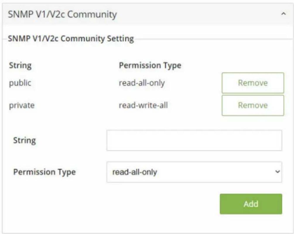 SNMP V1/V2c Community SNMP V1/V2c Community Setting String Permission Type public read-all-only Remove private read-write-all Remove String Permission Type read-all-only Add