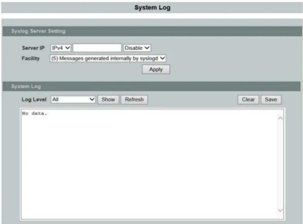 System Log Syslog Server Setting Server IP IPv4 Disable Facility (5) Messages generated internally by syslogd Apply System Log Log Level All Show Refresh Clear Save No data.