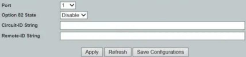 Port 1 ✓ Option 82 State Disable ✓ Circuit-ID String Remote-ID String Apply Refresh Save Configurations