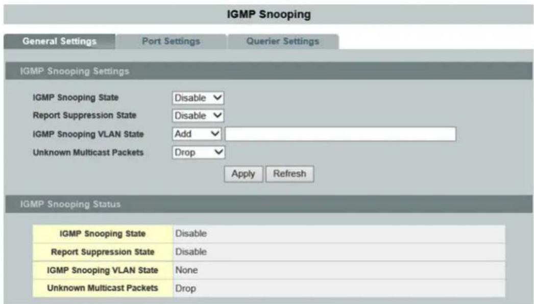 IGMP Snooping General Settings Port Settings Querier Settings IGMP Snooping Settings IGMP Snooping State Disable Report Suppression State Disable IGMP Snooping VLAN State Add Unknown Multicast Packets Drop Apply Refresh IGMP Snooping Status IGMP Snooping State Disable Report Suppression State Disable IGMP Snooping VLAN State None Unknown Multicast Packets Drop