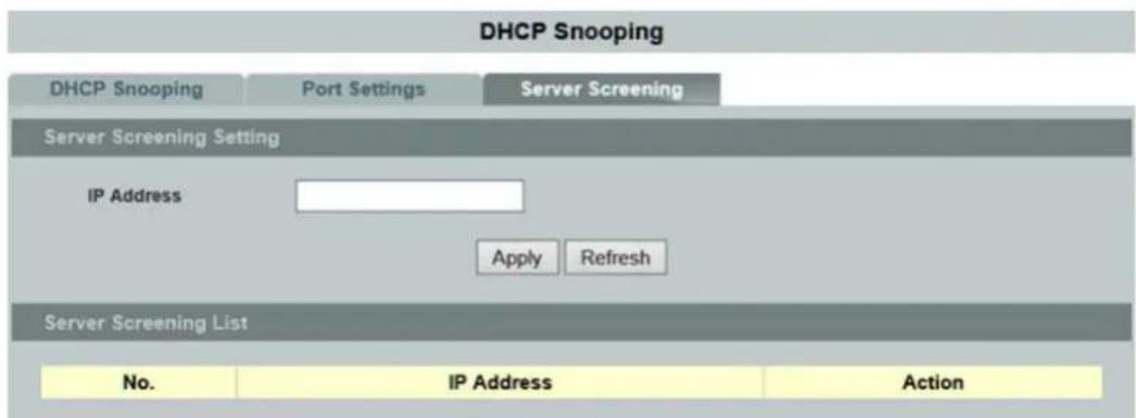 DHCP Snooping DHCP Snooping Port Settings Server Screening Server Screening Setting IP Address Apply Refresh Server Screening List No. IP Address Action