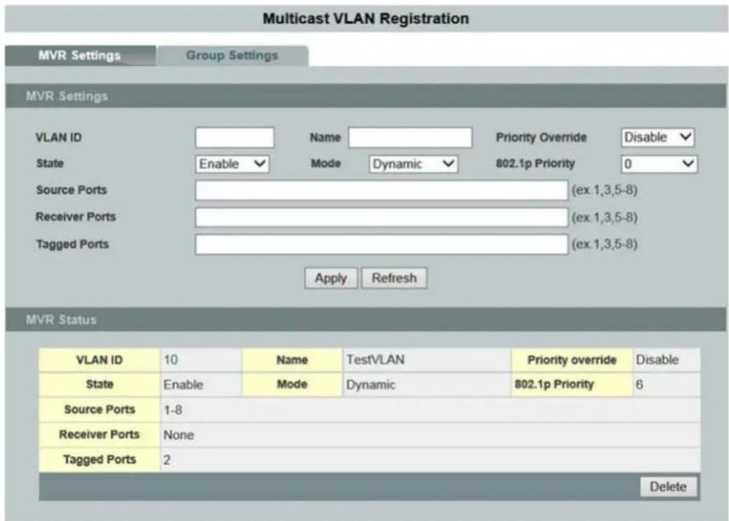 Multicast VLAN Registration MVR Settings Group Settings MVR Settings VLAN ID None Priority Override Disable State Enable Mode Dynamic 802.1p Priority 0 Source Ports (ex 1,3,5-8) Receiver Ports (ex 1,3,5-8) Tagged Ports (ex 1,3,5-8) Apply Refresh MVR Status VLAN ID 10 Name ultimately TestVLAN Priority override Disable State Enable Mode Dynamic 802.1p Priority 6 Source Ports 1-8 Receiver Ports None Tagged Ports 2 Delete