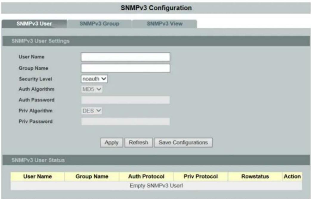 SNMPv3 Configuration SNMPv3 User SNMPv3 Group SNMPv3 View SNMPv3 User Settings User Name Group Name Security Level=noauth Auth Algorithm MD5 Auth Password Priv Algorithm DES Priv Password Apply Refresh Save Configurations SNMPv3 User Status User Name Group Name Auth Protocol Priv Protocol Rowstatusakoin Empty SNMPv3 User1