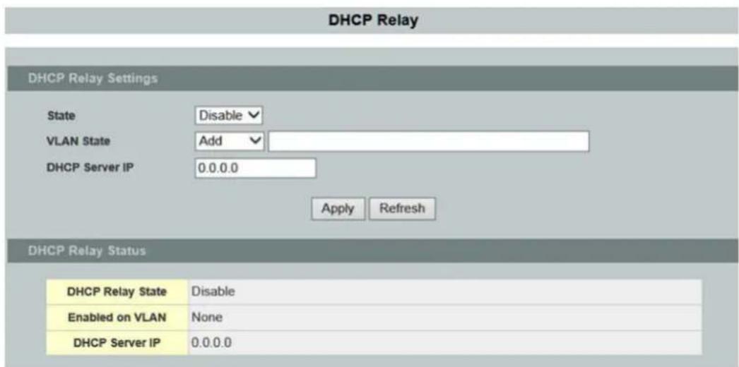 DHCP Relay DHCP Relay Settings State Disable VLAN State Add DHCP Server IP 0.0.0.0 Apply Refresh DHCP Relay Status DHCP Relay State Disable Enabled on VLAN None DHCP Server IP 0.0.0.0