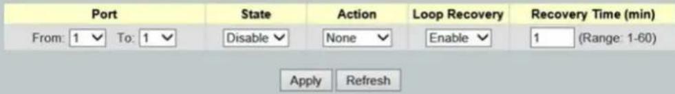 Port State Action Loop Recovery Recovery Time (min) From: 1 ✓ To: 1 ✓ Disable ✓ None ✓ Enable ✓ 1 (Range: 1-60) Apply Refresh
