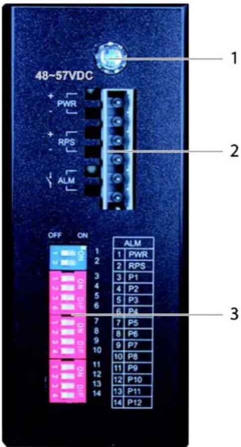 48~57VDC PWR RPS ALM OFF ON 1 2 3 4 5 6 7 8 9 10 11 12 13 14 ALM 1 PWR 2 RPS 3 P1 4 P2 5 P3 6 P4 7 P5 8 P6 9 P7 10 P8 11 P9 12 P10 13 P11 14 P12