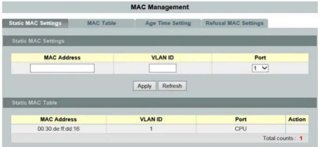 MAC Management Static MAC Settings MAC Table Age Time Setting Refusal MAC Settings Static MAC Settings MAC Address VLAN ID Port 1 Apply Refresh Static MAC Table MAC Address VLAN ID Port Action 00:30:de:ff:dd:16 1 CPU Total counts : 1