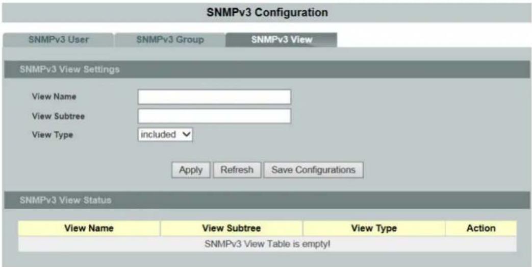 SNMPv3 Configuration SNMPv3 User SNMPv3 Group SNMPv3 View SNMPv3 View Settings View Name View Subtree View Type included Apply Refresh Save Configurations SNMPv3 View Status View Name View Subtree View Type Illustration SNMPv3 View Table is empty!