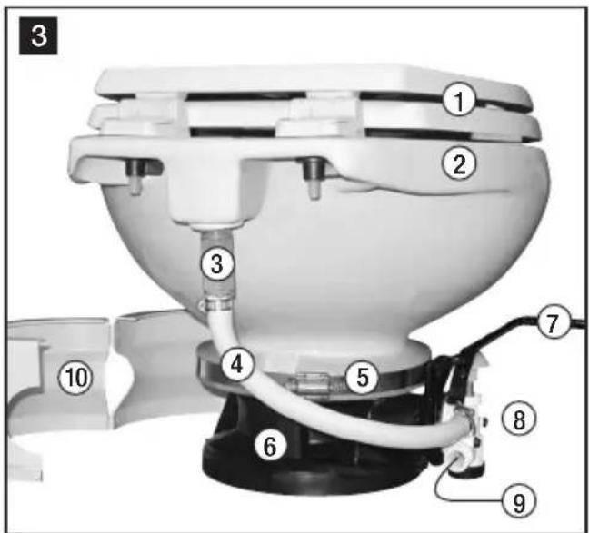 Labeled diagram of a toilet with numbered parts for identification