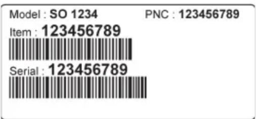 Model: SO 1234 PNC: 123456789 Item: 123456789 Serial: 123456789