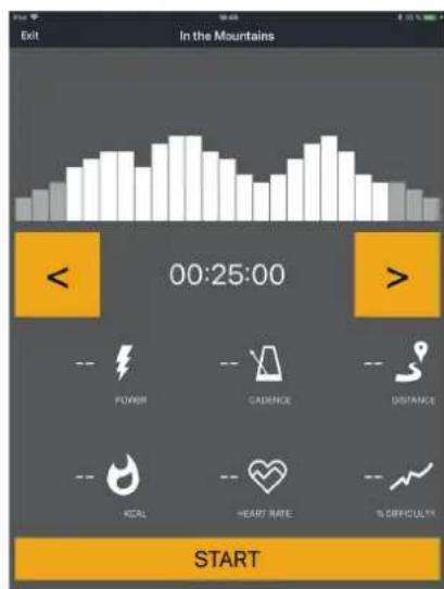 Exit In the Mountains 00:25:00 < POWER CADENCE DISTANCE KCAL HEART RATE IS DIFFICULTY START