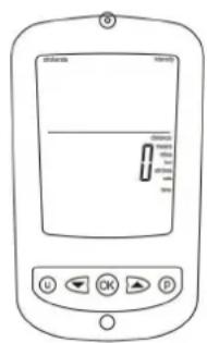 Diagram of a digital device front panel with control buttons and display screen showing measurement data