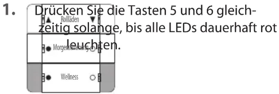 1. Drücken Sie die Tasten 5 und 6 gleich- zeitig solange, bis alle LEDs dauerhaft rot leuchten. Rollläden Morgenstvenköng Wellness