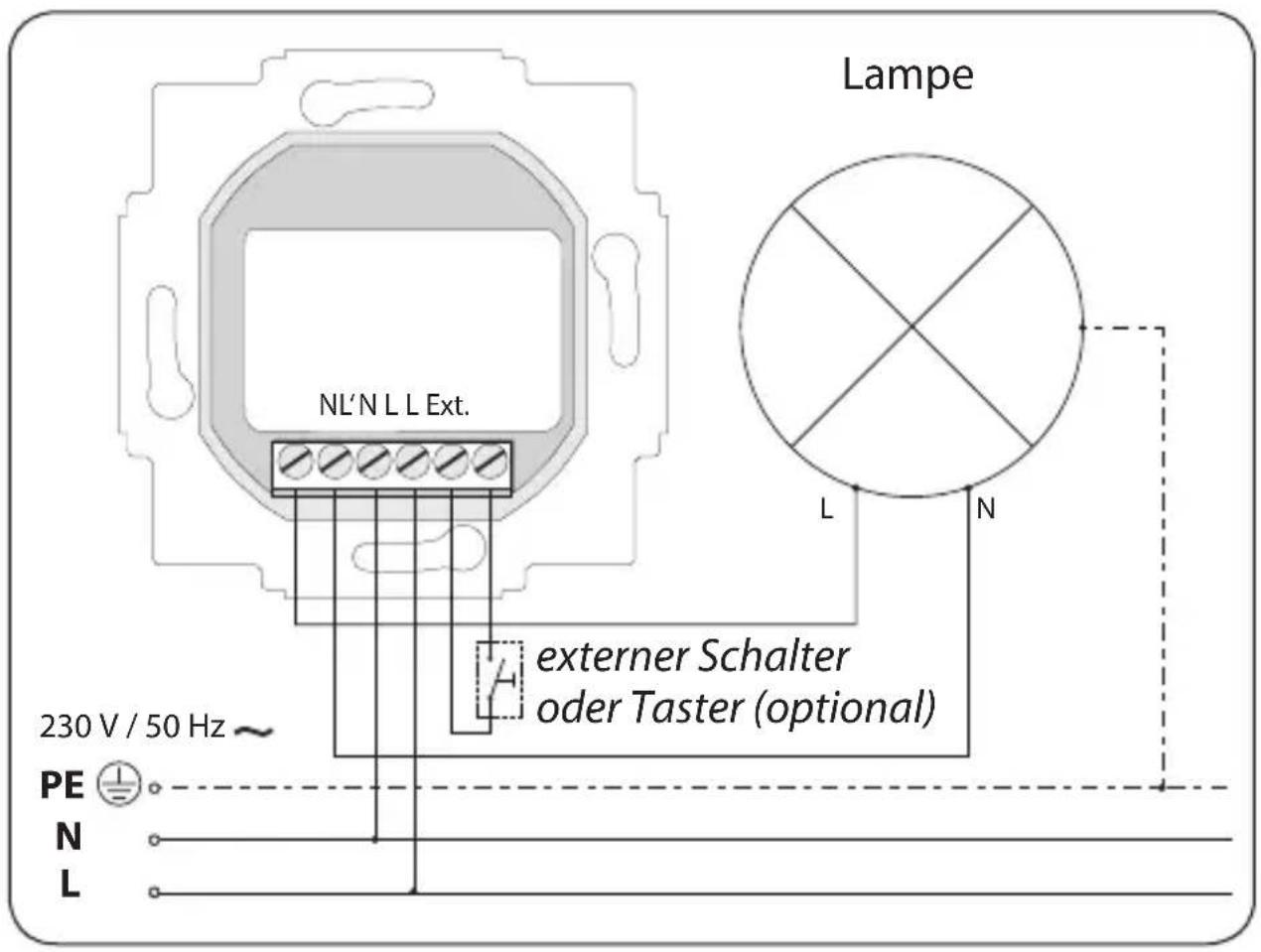Lampe NL'N L L Ext. externer Schalter oder Taster (optional) 230 V / 50 Hz ~ PE N L