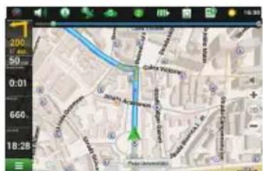 Screenshot of a map interface showing a blue route with a green arrow indicating a specific path, alongside a navigation toolbar with time and distance indicators.