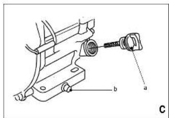 Technical diagram of a mechanical assembly with labeled parts a and b, showing a bolted joint connection.