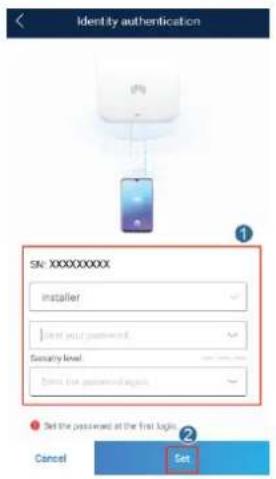 Identity authentication SN: XXXXXXXXX installer ✓ Select your password. Security level ✓ Select the password agent. Set the password at the first login. Cancel Set