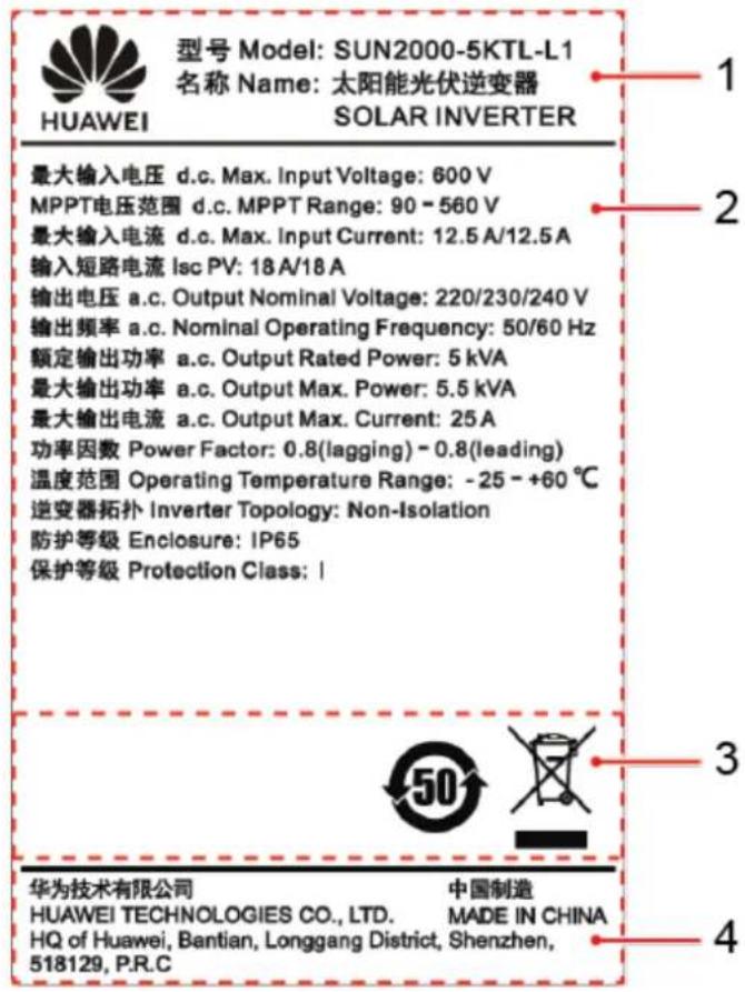 型号 Model: SUN2000-5KTL-L1 名称 Name: 太阳能光伏逆变器 SOLAR INVERTER HUAWEI 最大输入电压 d.c. Max. Input Voltage: 600 V MPPT电压范围 d.c. MPPT Range: 90 - 560 V 最大输入电流 d.c. Max. Input Current: 12.5 A/12.5 A 输入短路电流 Isc PV: 18 A/18 A 输出电压 a.c. Output Nominal Voltage: 220/230/240 V 输出频率 a.c. Nominal Operating Frequency: 50/60 Hz 额定输出功率 a.c. Output Rated Power: 5 kVA 最大输出功率 a.c. Output Max. Power: 5.5 kVA 最大输出电流 a.c. Output Max. Current: 25 A 功率因数 Power Factor: 0.8(lagging) - 0.8(leading) 温度范围 Operating Temperature Range: -25 - +60 °C 逆变器拓扑 Inverter Topology: Non-Isolation 防护等级 Enclosure: IP65 保护等级 Protection Class: | 华为技术有限公司 中国制造 HUAWEI TECHNOLOGIES CO., LTD. MADE IN CHINA HQ of Huawei, Bantian, Longgang District, Shenzhen, 518129, P.R.C