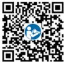 QR code with a blue circular logo containing a stylized human figure in the center.