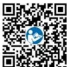 QR code with a blue circular logo containing a stylized human figure in the center.