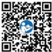 QR code with a blue circular logo containing a stylized human figure in the center.