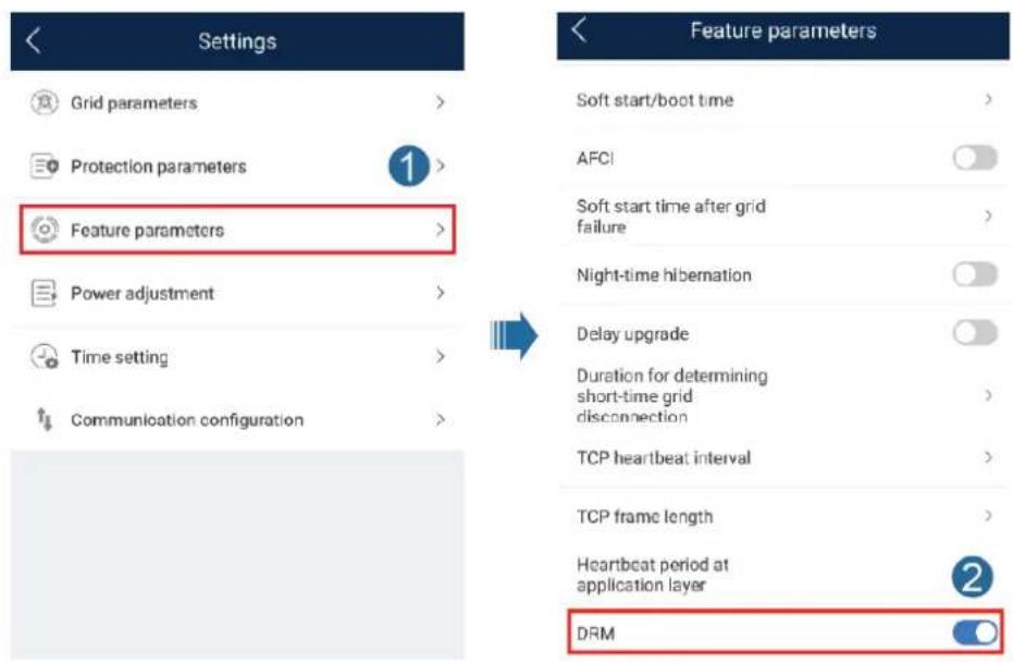 Settings Grid parameters > Protection parameters 1> Feature parameters > Power adjustment > Time setting > Communication configuration > Feature parameters Soft start/boot time > AFCI Soft start time after grid failure > Night-time hibernation Delay upgrade Duration for determining short-time grid disconnection > TCP heartbeat interval > TCP frame length > Heartbeat period at application layer 2 DRM