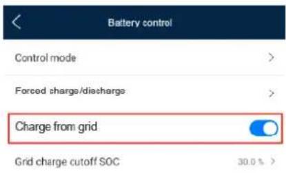 Battery control Control mode > Forced charge/diacharge > Charge from grid Grid charge cutoff SOC 30.0 % >