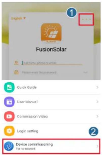 English FusionSolar User name, phone or email Please enter the password Quick Guide > User Manual > Commission Video > Login setting Device commissioning For no-network