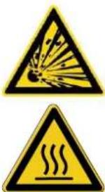 Two yellow warning signs: one showing a explosion with smoke, the other showing a warning with steam.