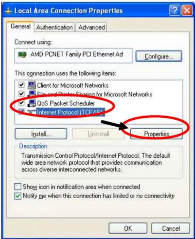 Local Area Connection Properties General Authentication Advanced Connect using: AMD PCNET Family PCI Ethernet Ad Configure... This connection uses the following items: ✓ Client for Microsoft Networks ✓ File and Printer Sharing for Microsoft Networks ✓ QoS Packet Scheduler ✓ Internet Protocol (TCP/IP…