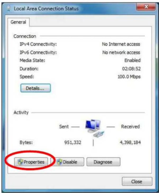 Local Area Connection Status General Connection IPv4 Connectivity: No Internet access IPv6 Connectivity: No network access Media State: Enabled Duration: 02:08:52 Speed: 100.0 Mbps Details... Activity Sent — Received Bytes: 951,332 | 4,398,184 Properties Disable Diagnose Close