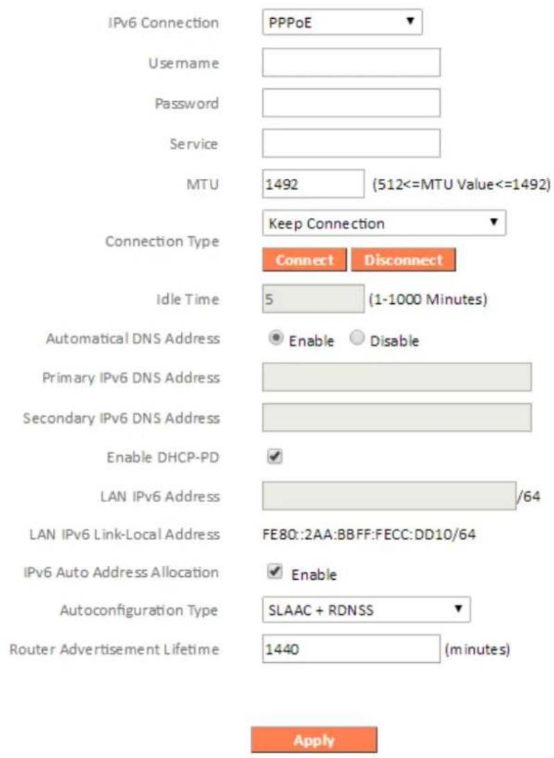 IPv6 Connection PPPoE Username Password Service MTU 1492 (512<=MTU Value<=1492) Connection Type Keep Connection Connect Disconnect Idle Time 5 (1-1000 Minutes) Automatical DNS Address Enable Disable Primary IPv6 DNS Address Secondary IPv6 DNS Address Enable DHCP-PD LAN IPv6 Address /64 LAN IPv6 Link…