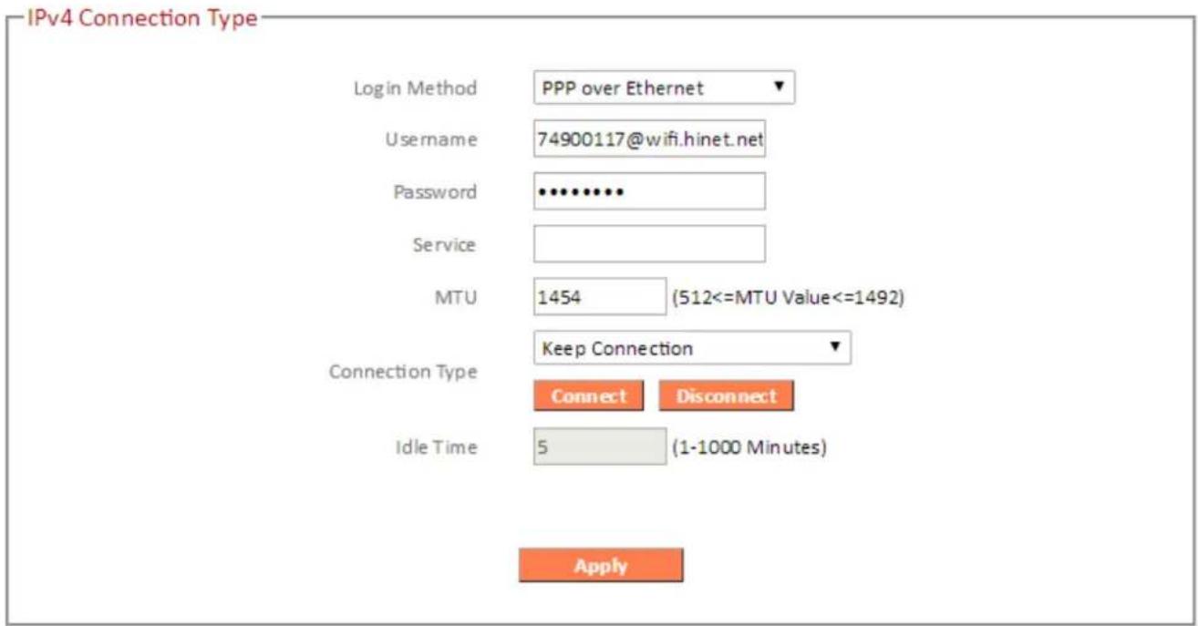 IPv4 Connection Type Login Method PPP over Ethernet Username 74900117@wifi.hinet.net Password ****** Service MTU 1454 (512<=MTU Value<=1492) Connection Type Keep Connection Connect Disconnect Idle Time 5 (1-1000 Minutes) Apply