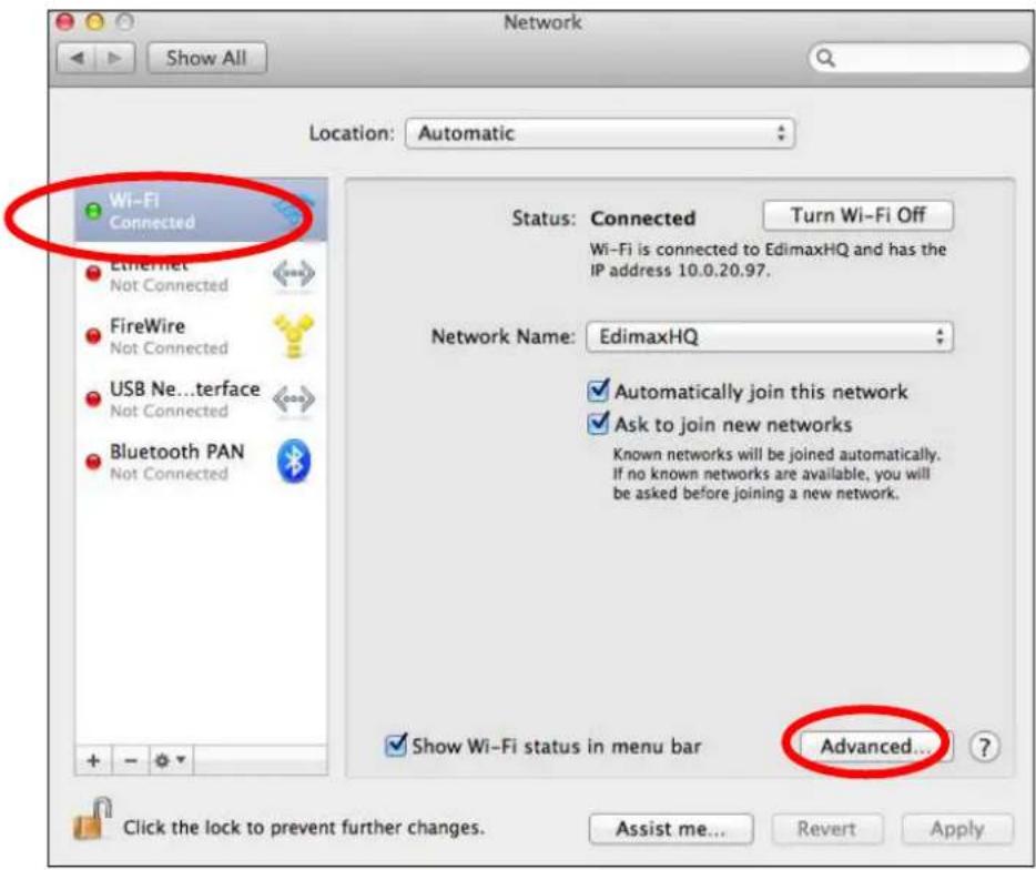 Network Show All Location: Automatic Wi-Fi Connected Ethernet Not Connected FireWire Not Connected USB Ne...terface Not Connected Bluetooth PAN Not Connected Status: Connected Turn Wi-Fi Off Wi-Fi is connected to EdimaxHQ and has the IP address 10.0.20.97. Network Name: EdimaxHQ ✓ Automatically join…
