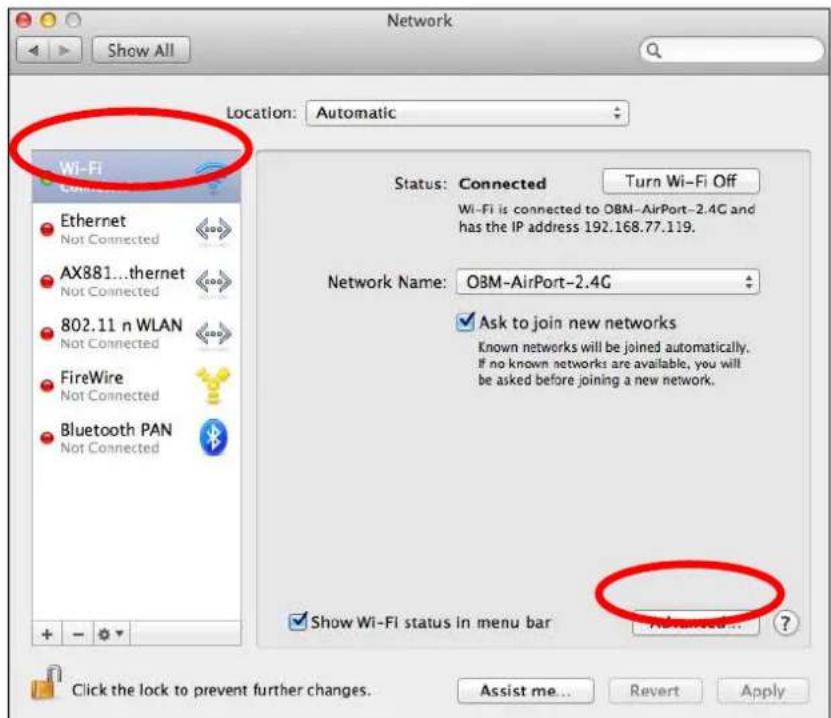 Network Show All Location: Automatic Wi-Fi Ethernet Not Connected AX881...thernet Not Connected 802.11 n WLAN Not Connected FireWire Not Connected Bluetooth PAN Not Connected Status: Connected Turn Wi-Fi Off Wi-Fi is connected to OBM-AirPort-2.4G and has the IP address 192.168.77.119. Network Name:…