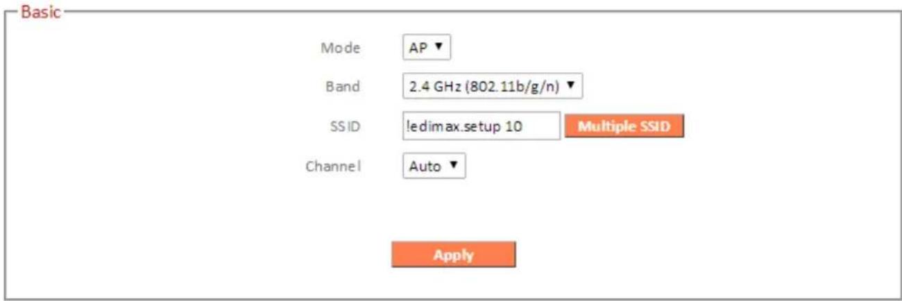 Basic Mode AP ▼ Band 2.4 GHz (802.11b/g/n) ▼ SSID !edimax.setup 10 Multiple SSID Channel Auto ▼ Apply