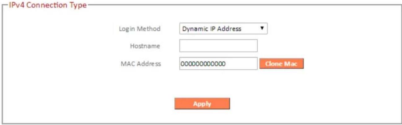IPv4 Connection Type Login Method Dynamic IP Address Hostname MAC Address 000000000000 Clone Mac Apply