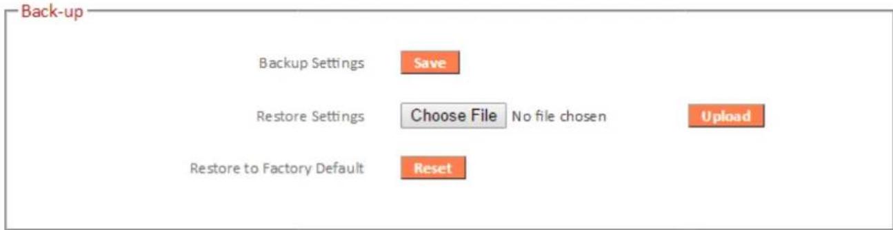 Back-up Backup Settings Save Restore Settings Choose File No file chosen Upload Restore to Factory Default Reset