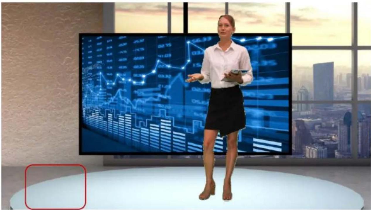 Woman presenting in front of a digital presentation screen displaying financial charts and cityscape background