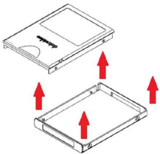 Diagram showing two views of a device with red arrows indicating upward motion, labeled 'LED' and 'PC'.
