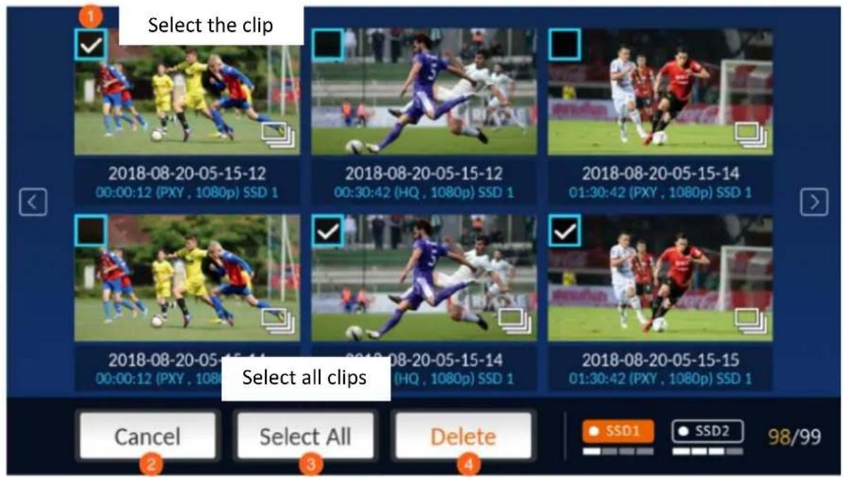 Select the clip 2018-08-20-05-15-12 00:00:12 (PXY , 1080p) SSD 1 2018-08-20-05-15-12 00:30:42 (HQ , 1080p) SSD 1 2018-08-20-05-15-14 01:30:42 (PXY , 1080p) SSD 1 2018-08-20-05-15-14 00:00:12 (PXY , 1080p) SSD 1 2018-08-20-05-15-14 (HQ , 1080p) SSD 1 2018-08-20-05-15-15 01:30:42 (PXY , 1080p) SSD 1 Select all clips Cancel Select All Delete SSD1 SSD2 98/99